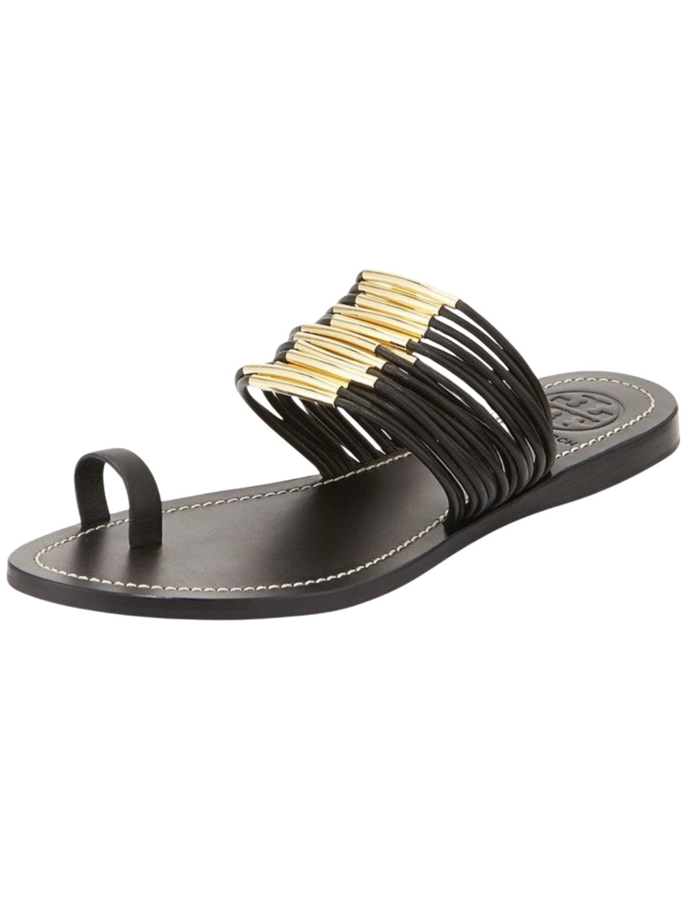 Tory Burch Black Ring Flat Sandal, elegant fusion of bohemian charm & minimalism